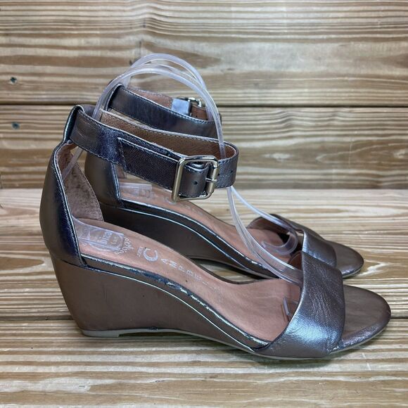 Jeffrey Campbell Womens 9 Wedge Sandal Pewter/ Metallic Leather Ankle Strap Shoe - Picture 1 of 9